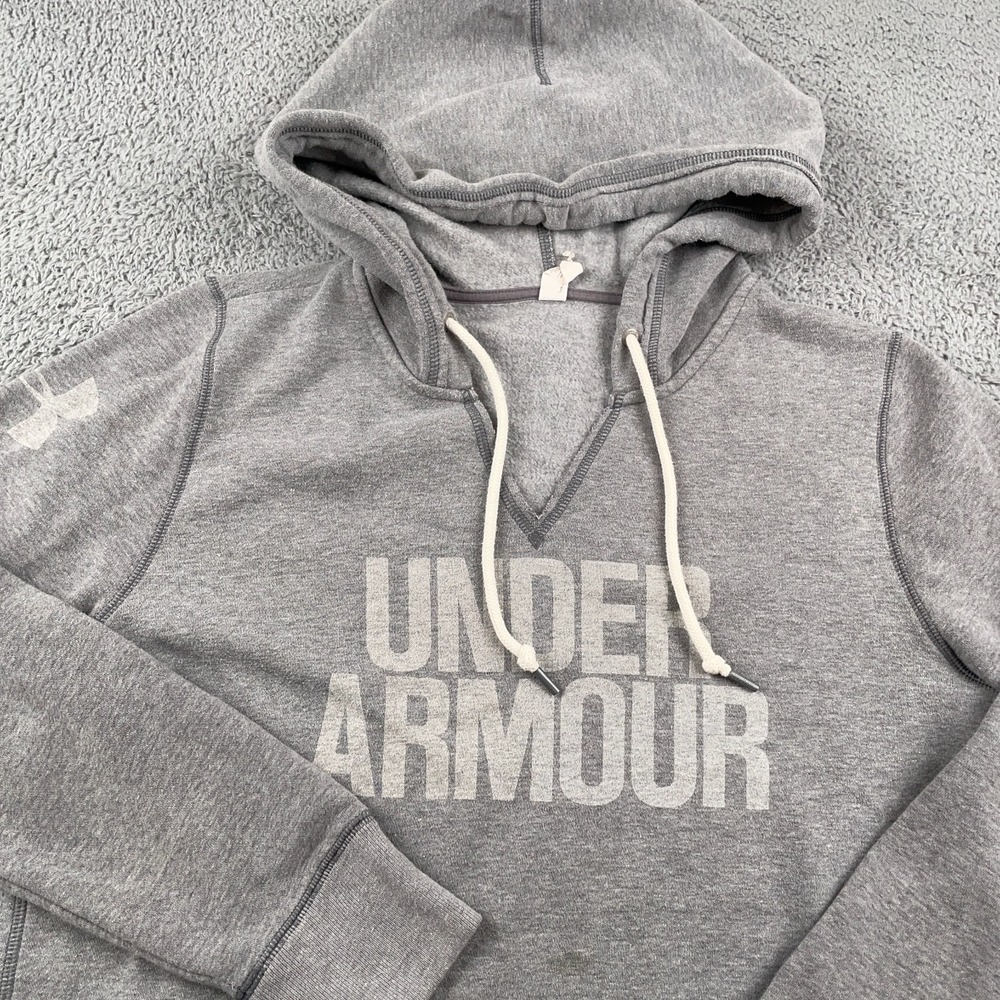 Under Armour Hoodie Womens Small Gray Sweatshirt Pullover Fleece Spell Out